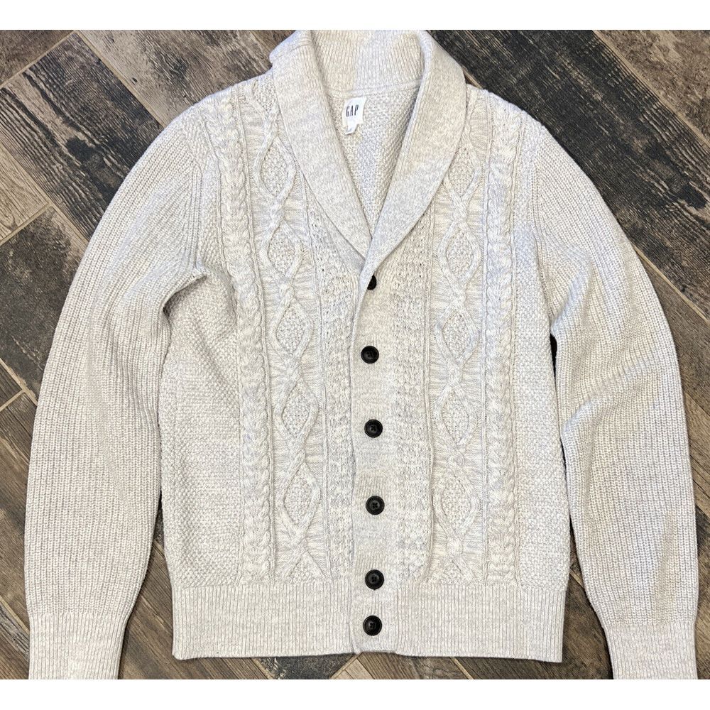 Cable Knit Blocked Sweater Gap Button Front Cardigan Granny Button Cream Women M